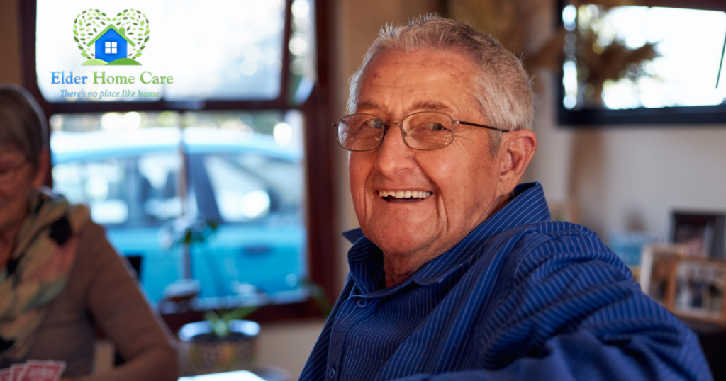 A senior is happy as result of successful long-distance caregiving.